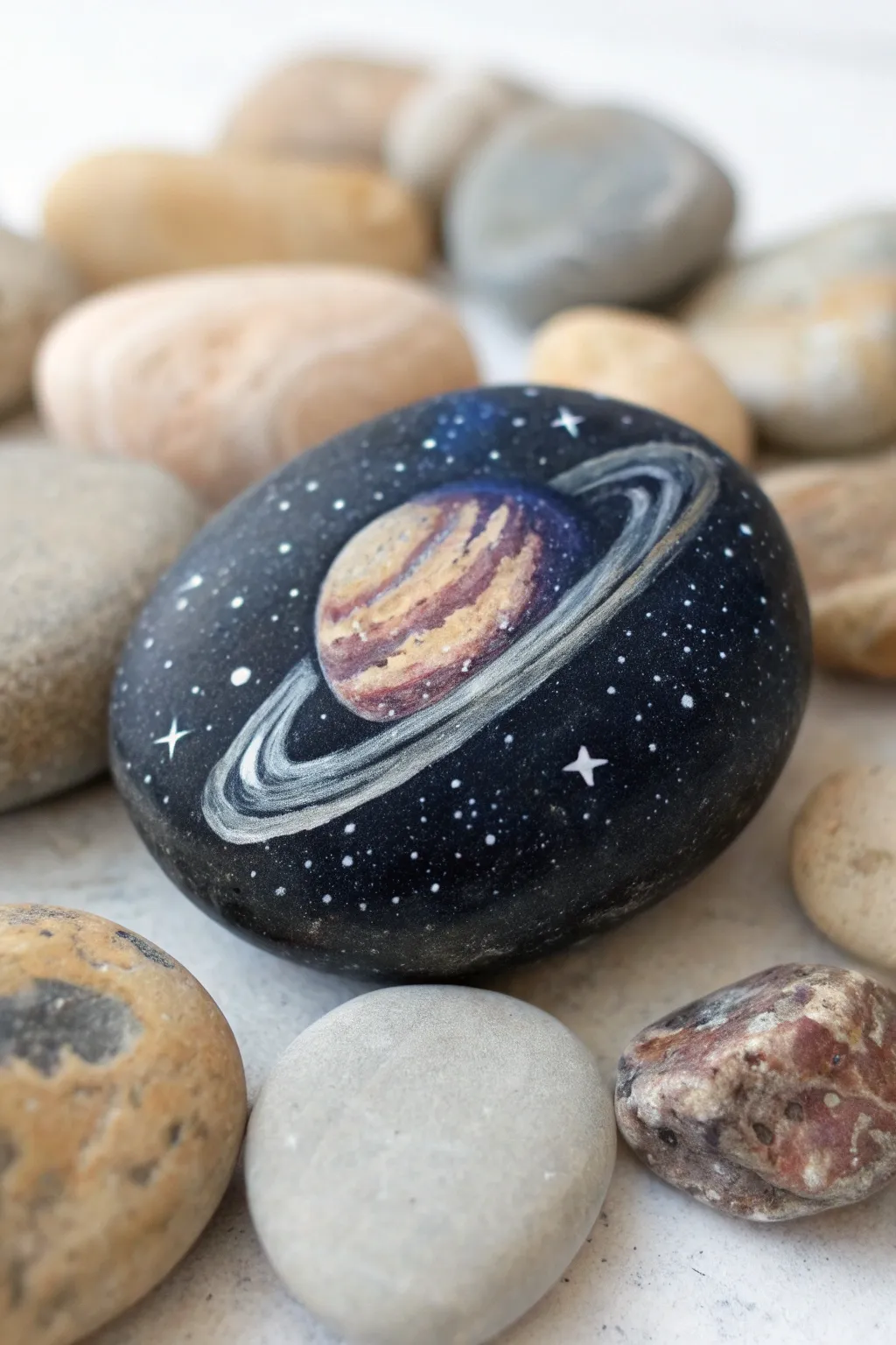 Ringed planet centerpiece rock with a soft galaxy wash, minimalist boho tones, strong contrast