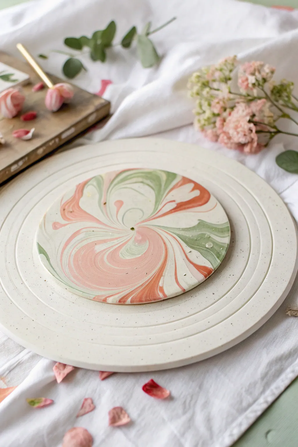 Glossy paint blobs melt into marbled swirls on bright white paper, minimal boho spin art.