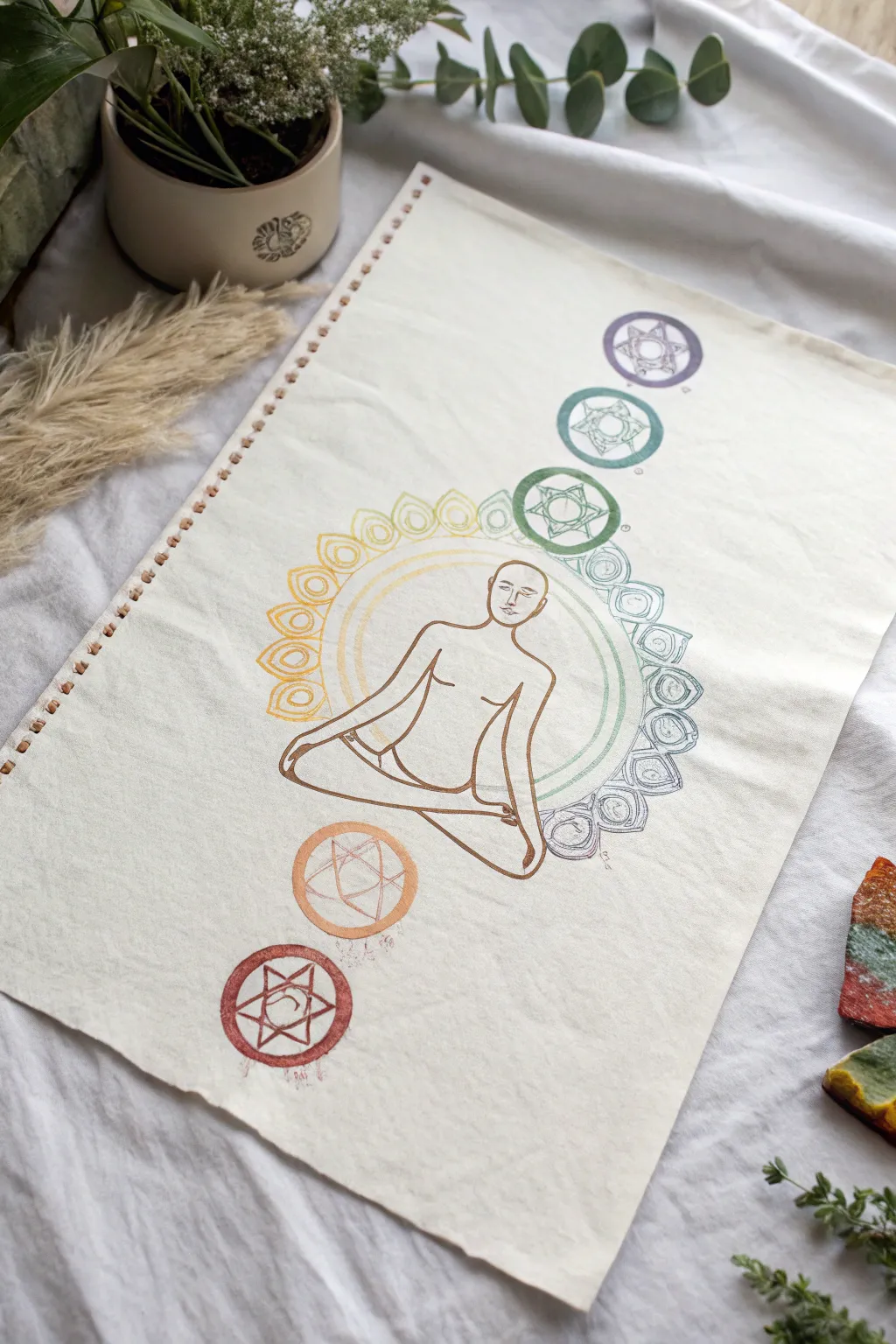 Serene lotus pose artwork with softly colored chakra points for mindful spiritual drawing practice