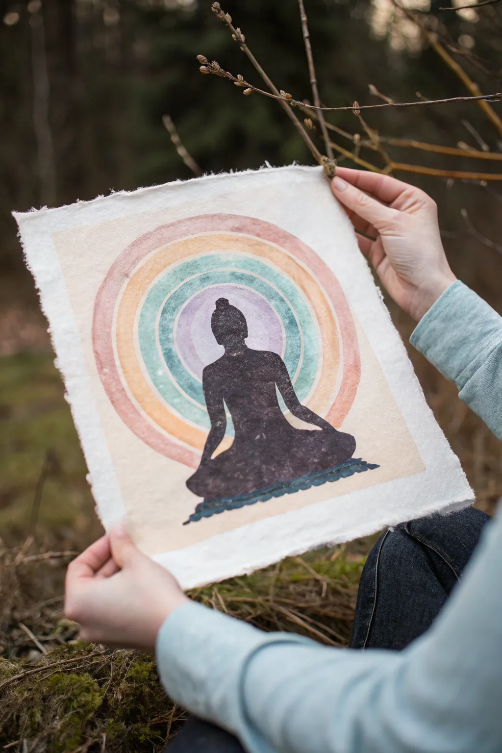 Minimalist meditating silhouette with layered aura hues for a calm spiritual painting idea.
