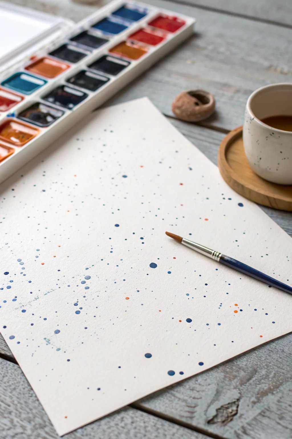 Crisp high-contrast splatter marks on pure white paper with a minimal studio palette beside it.