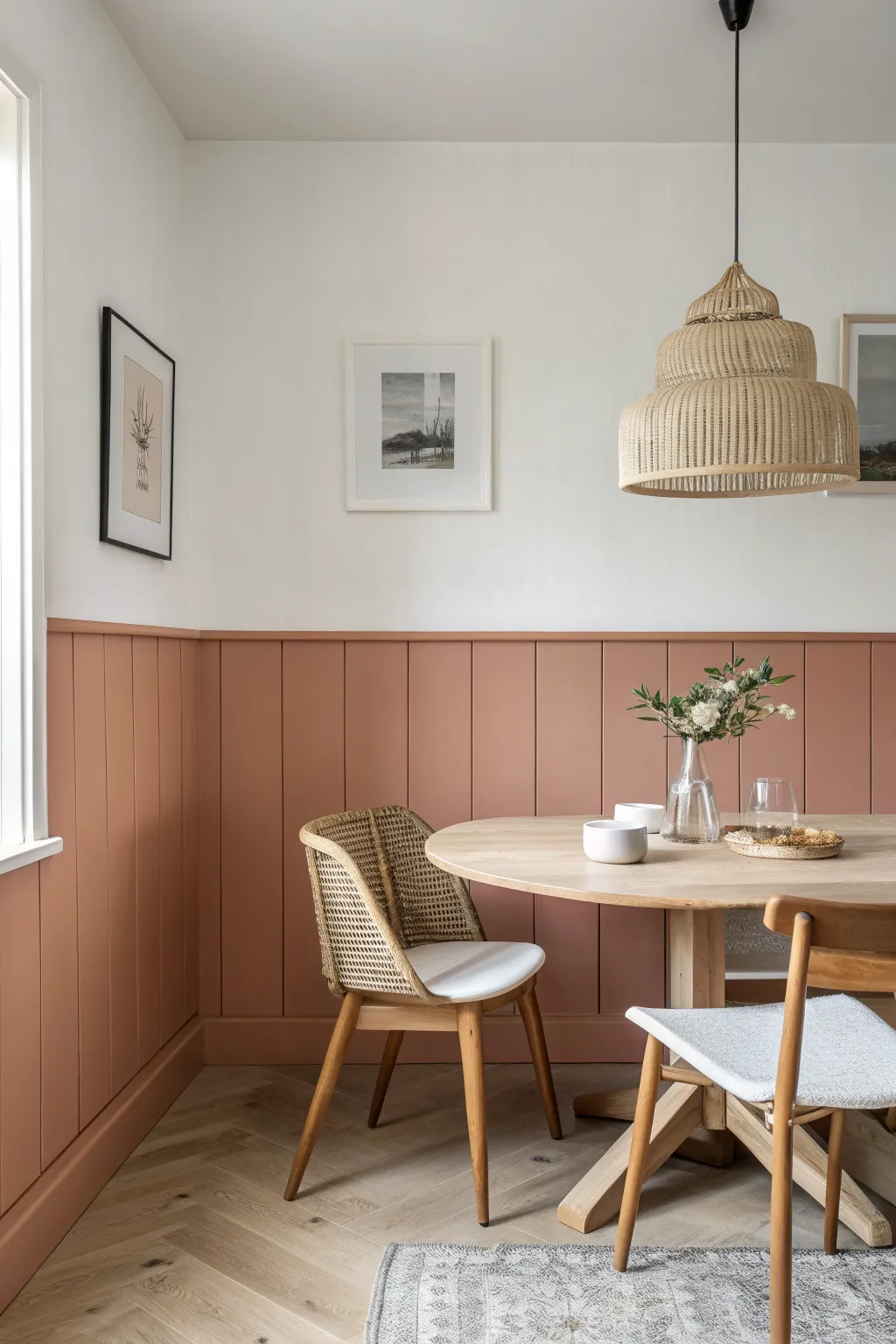 Chair-rail split paint creates instant structure and turns a dining nook into a defined zone