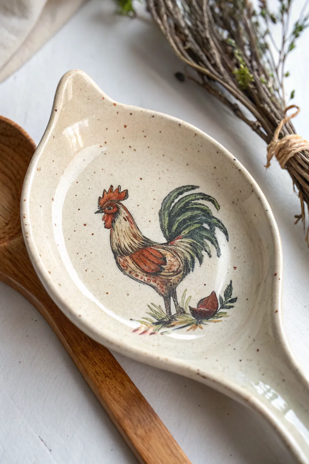 Add rustic charm to your kitchen with this hand-painted farmhouse rooster spoon rest.