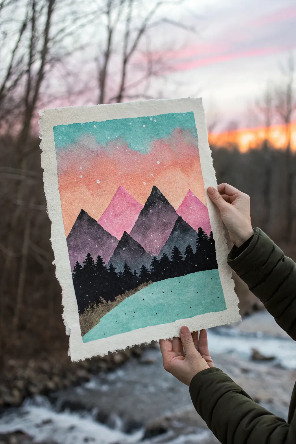 Spray-painted sunset sky behind torn-paper mountain silhouettes with bold, high-contrast layers