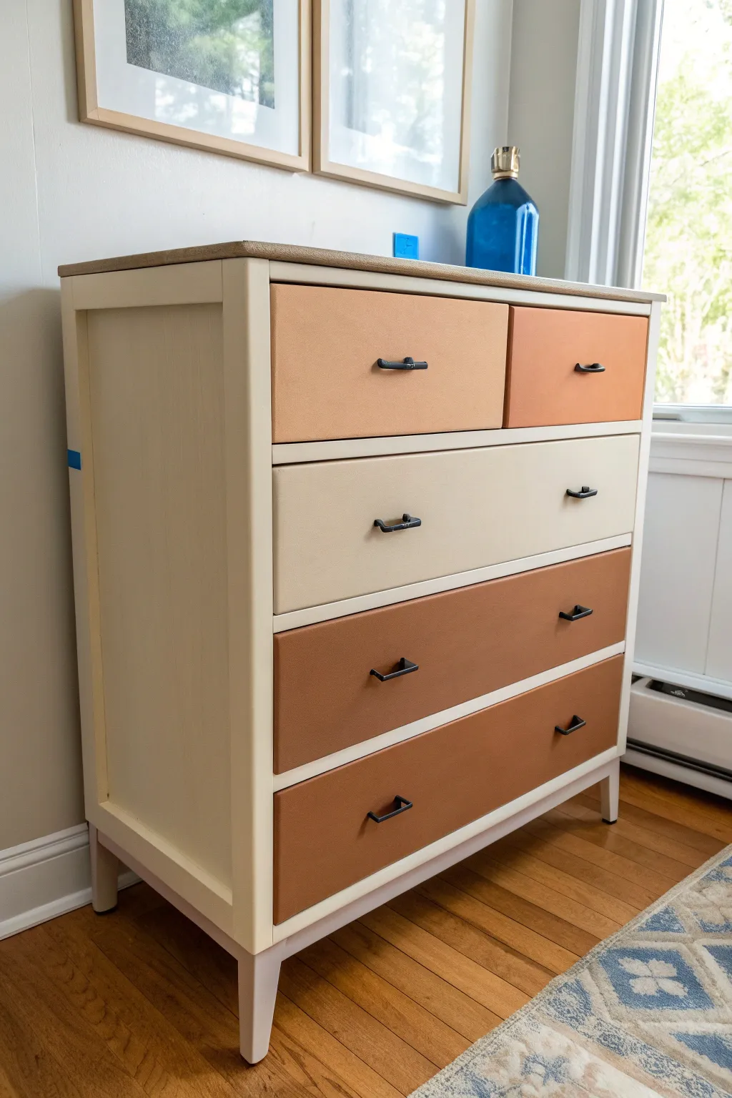 Two-tone sprayed dresser with taped crisp edges and drawers ajar for a modern contrast look.