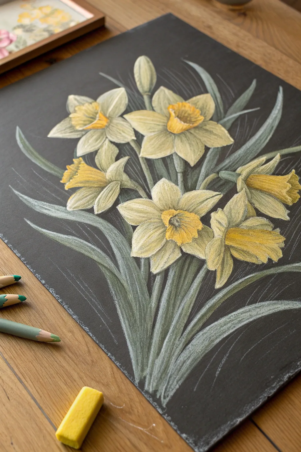 Sunny yellow daffodil cluster in soft chalk for fresh spring inspiration at home