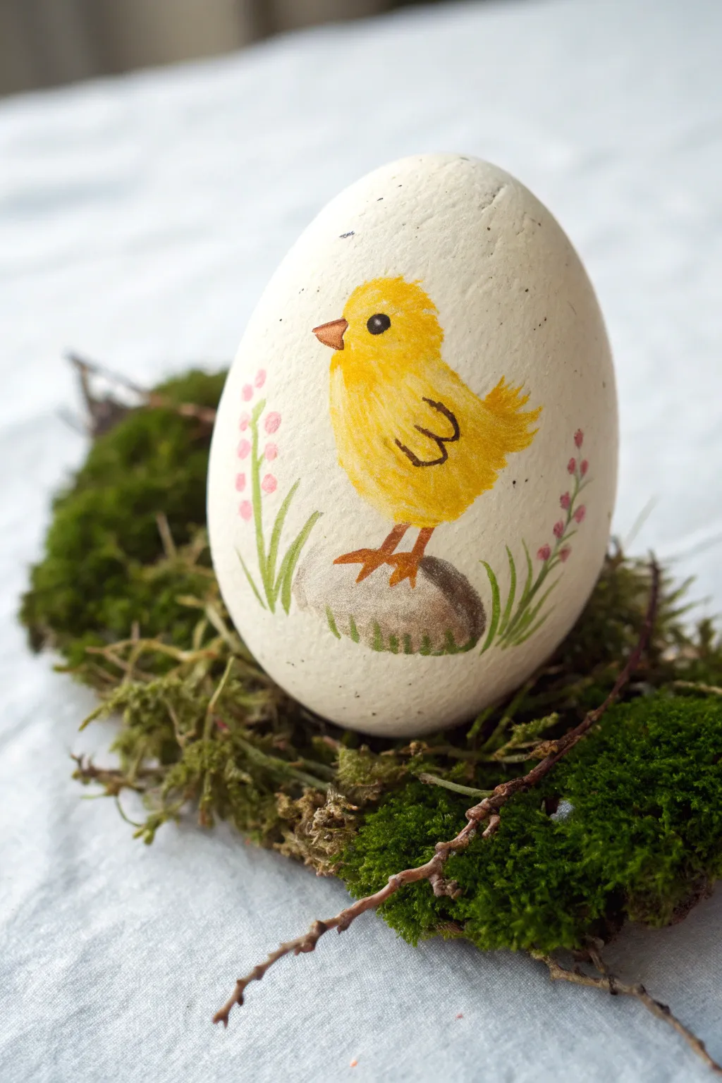Chick hatching rock painting: bright yellow chick peeking from a cracked egg on soft moss.
