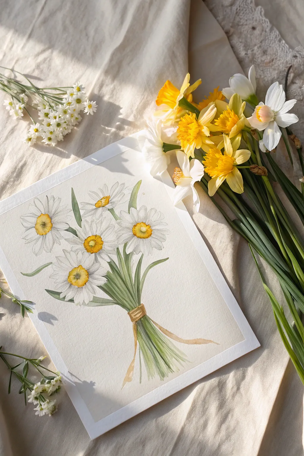 Daffodils and daisies in loose watercolor, bright yellow pops with soft spring shadows