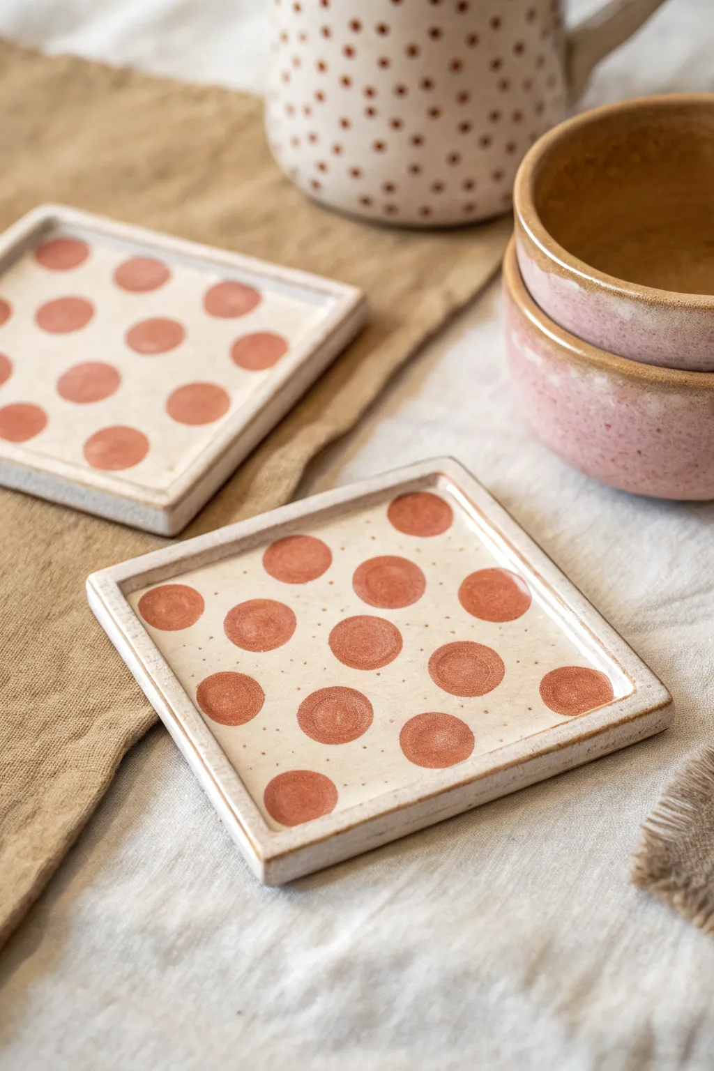 Polka dot square coaster with a crisp centered border, minimalist boho set inspiration