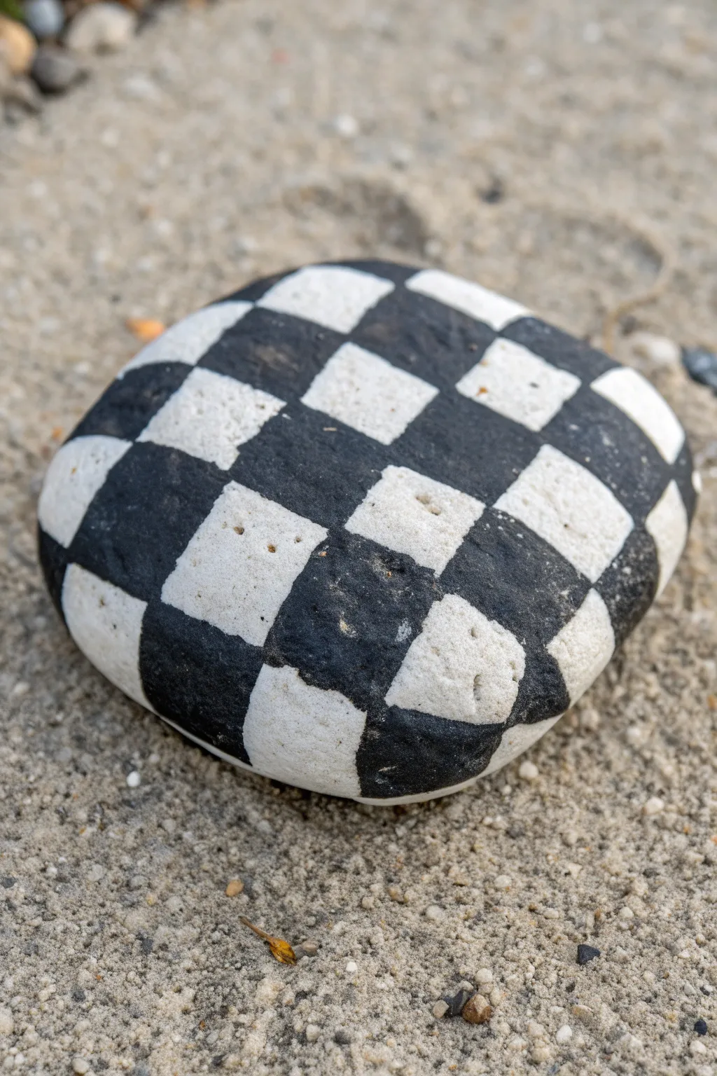 Classic checkerboard square rock in soft neutral tones, minimal Scandinavian boho vibe.