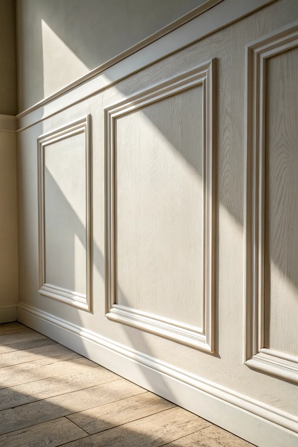 Monochrome square trim with soft side light creates subtle texture for calm modern walls.