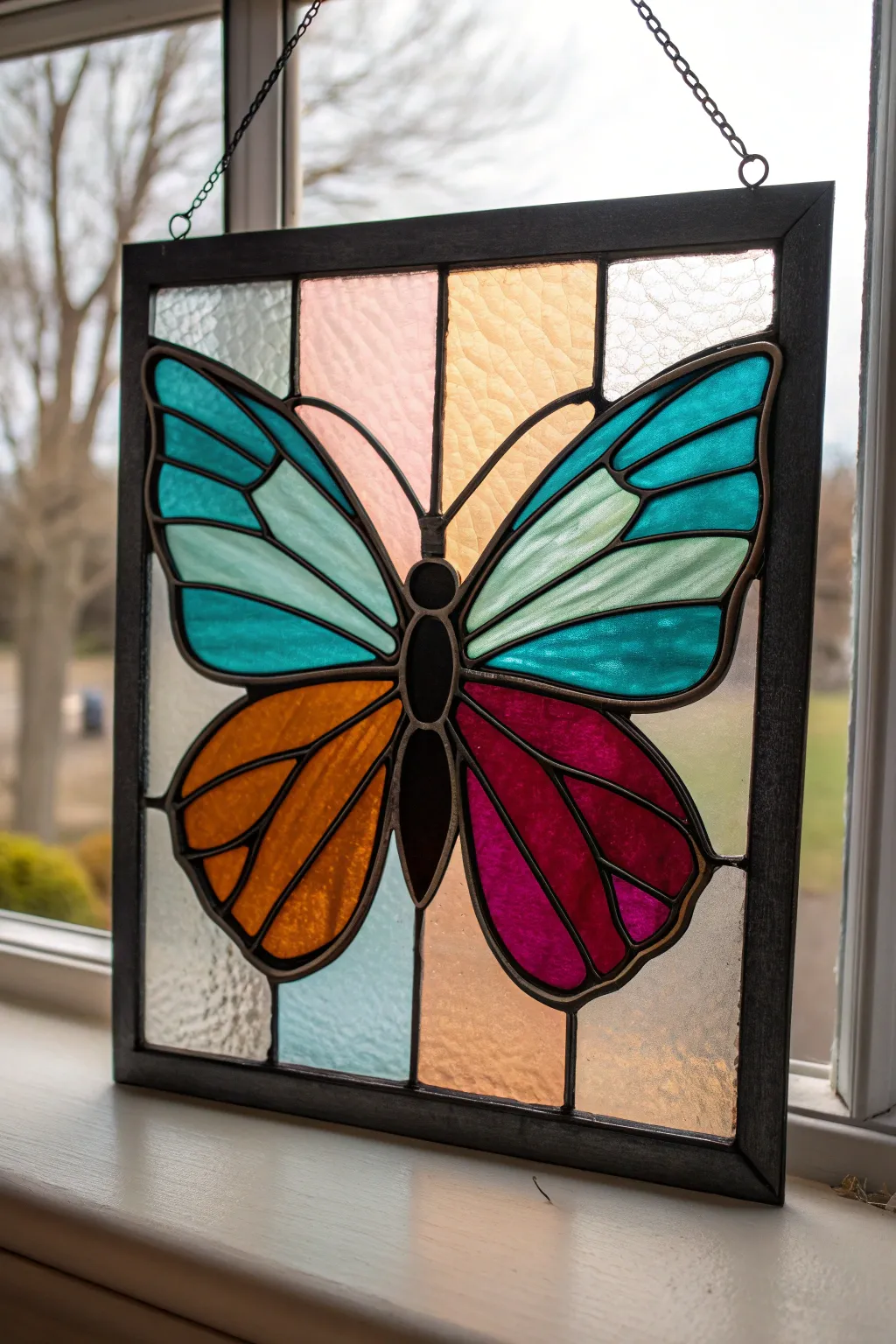 Bold butterfly stained glass with chunky leading and vibrant translucent color blocks on a clean backdrop