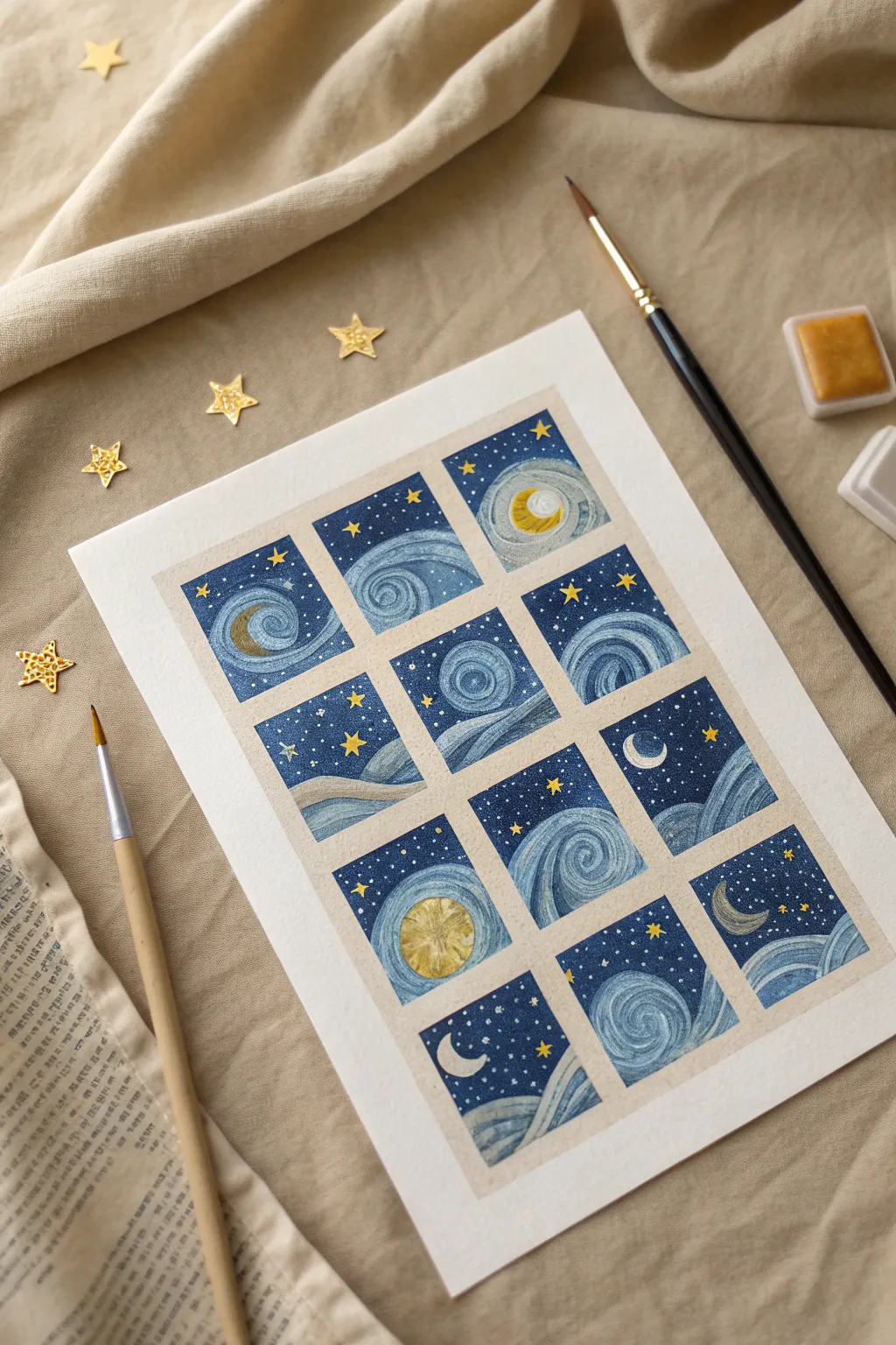 Practice your signature starry swirls with calming blue mini studies and bright golden stars.