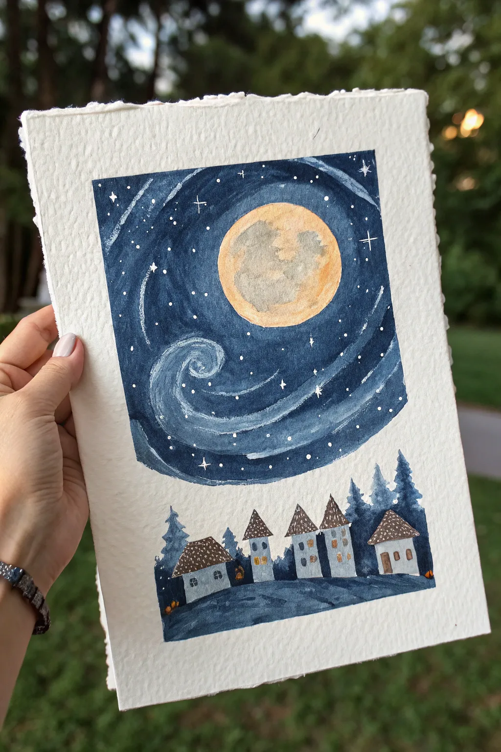 Minimal village strip under a swirling starry sky with a glowing moon, calm Scandinavian boho mood