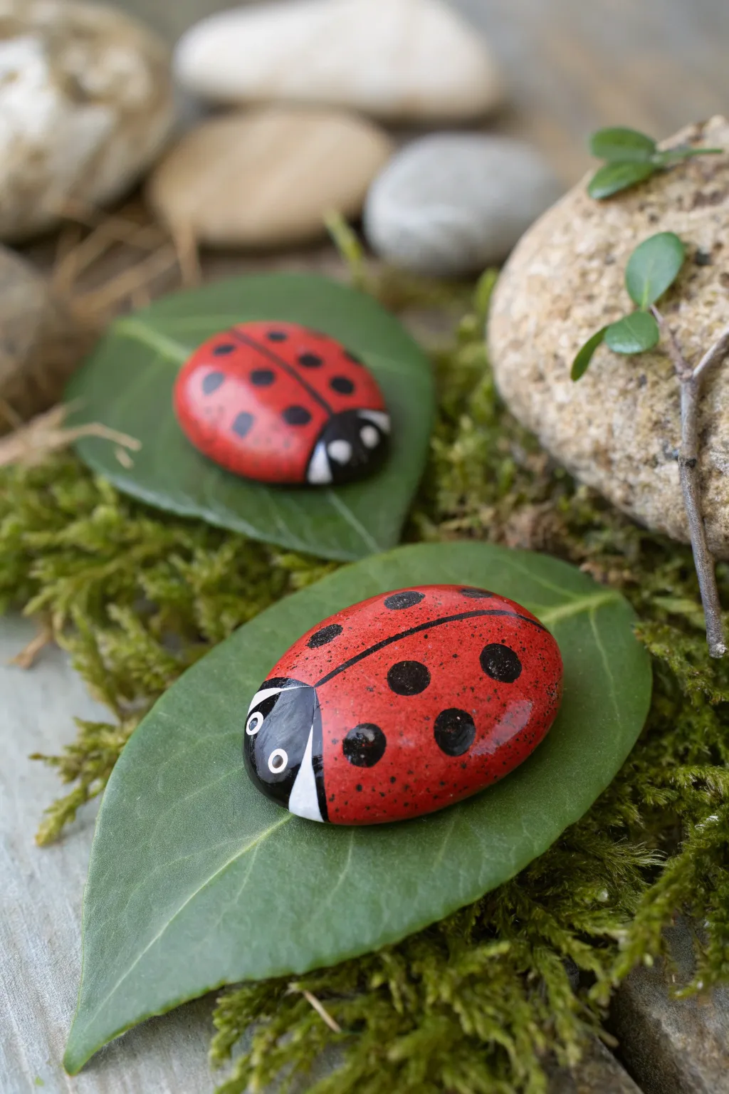 Minimal ladybug-painted stones on a fresh green leaf, styled on moss for a cozy boho vibe