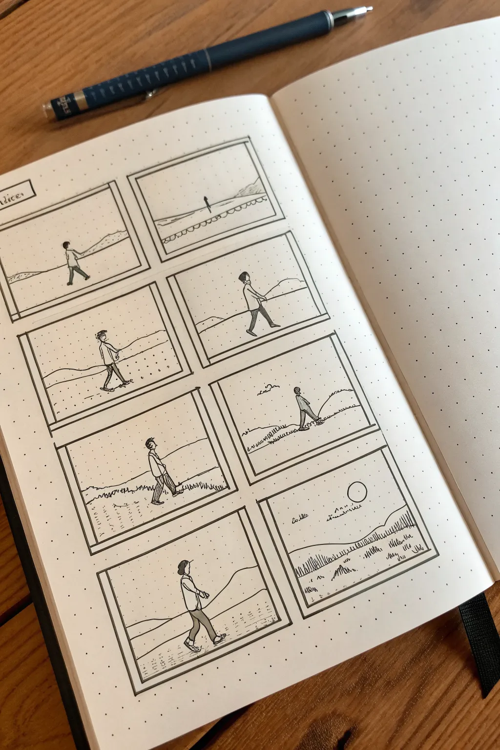 Minimal horizontal storyboard: one character moves through 8 frames to show clear time progression.
