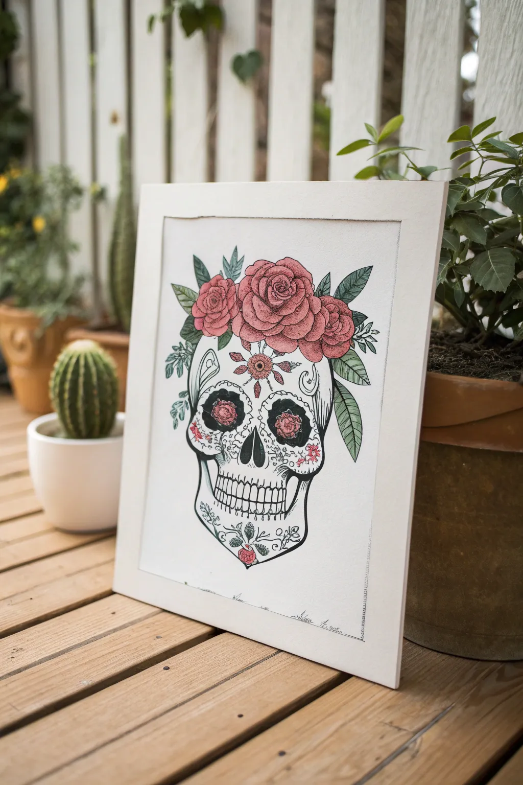 Rose-crowned sugar skull with a forehead bouquet, minimalist boho palette for easy drawing.
