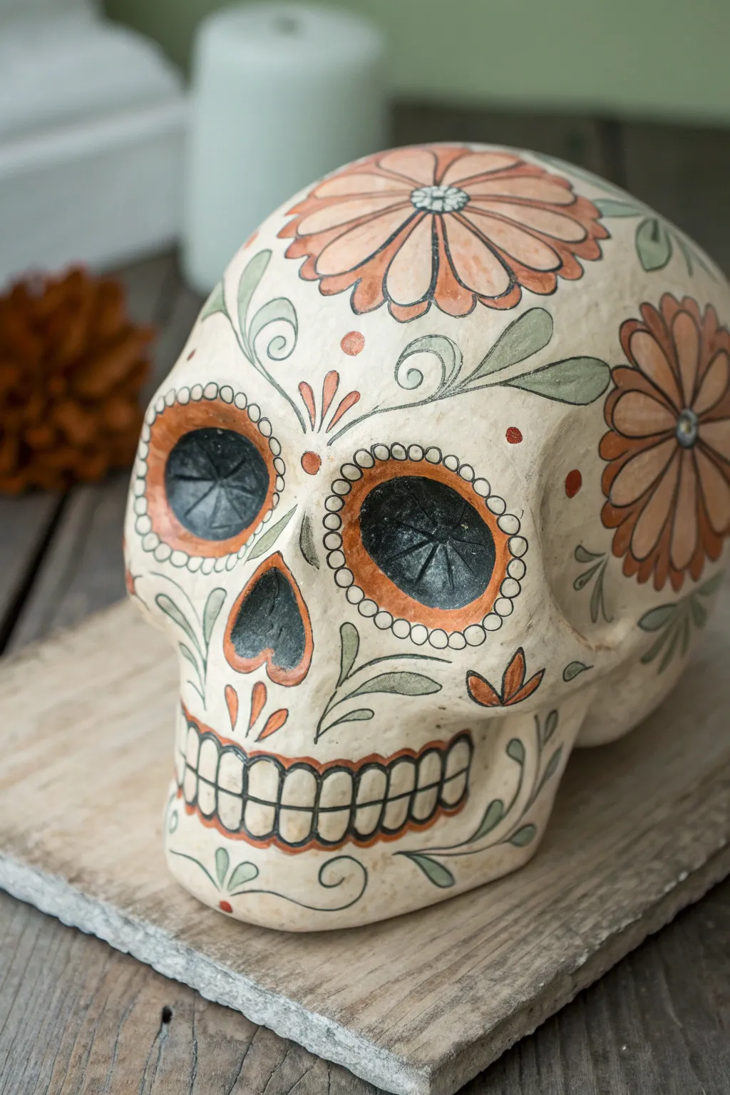 Floral petal-ring eye sockets on an in-progress sugar skull, crisp contrast and boho calm.