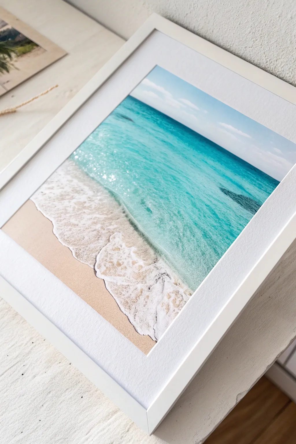 Tropical beach paint idea: turquoise water gradient, soft foam line, sunlit sand calm