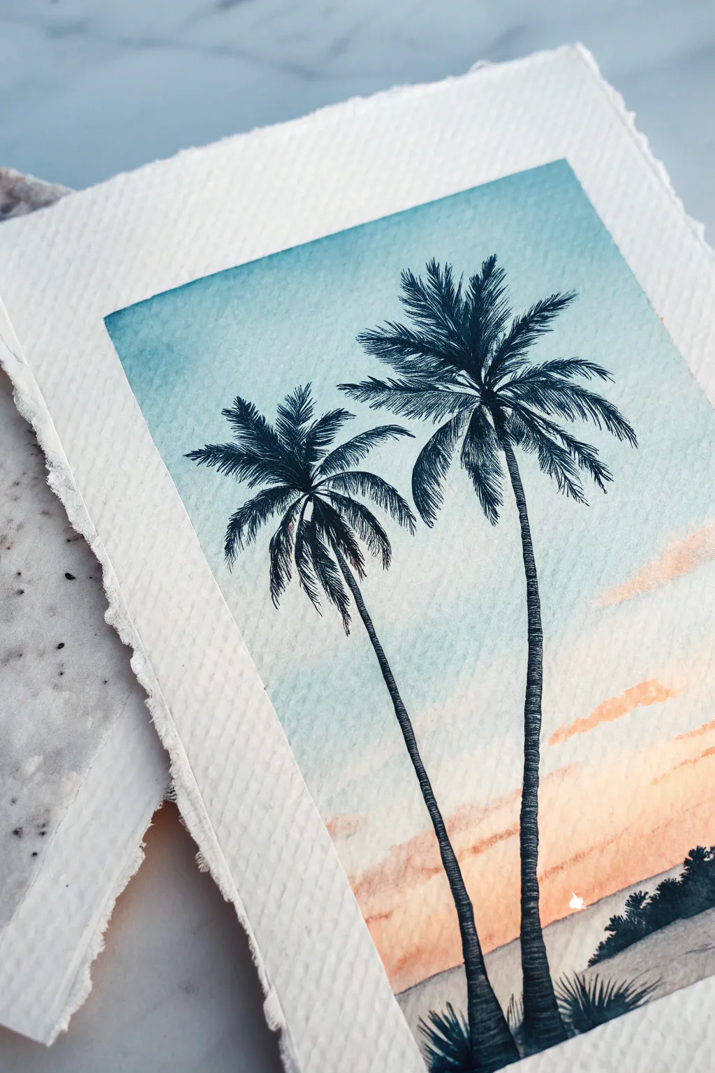 Minimalist palm silhouettes over a dreamy summer sky wash, perfect for easy watercolor practice