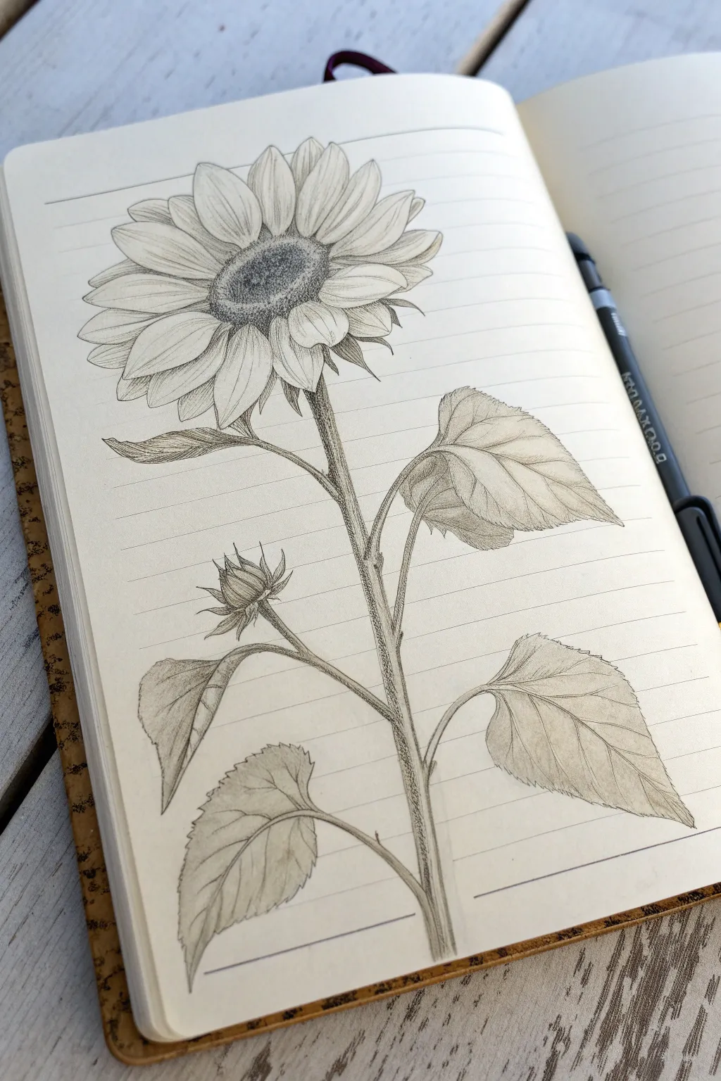 Full-stem sunflower botanical study in soft graphite, clean Scandinavian minimalist style