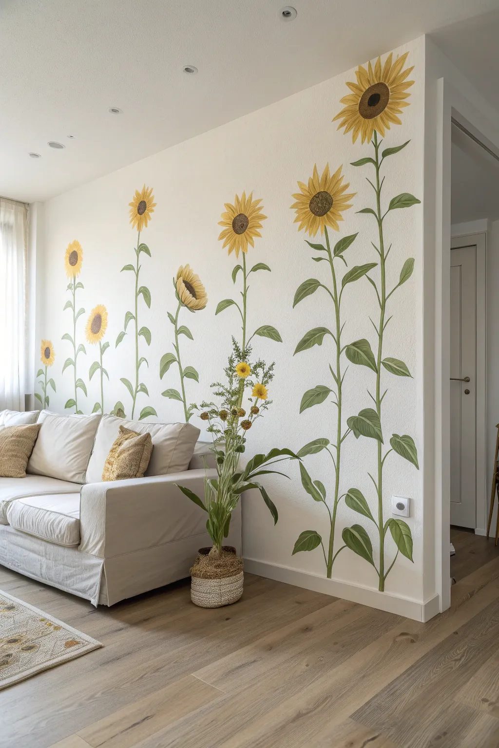 Sunflower stalk accent mural behind the sofa for a bright, clean Scandinavian-boho focal wall