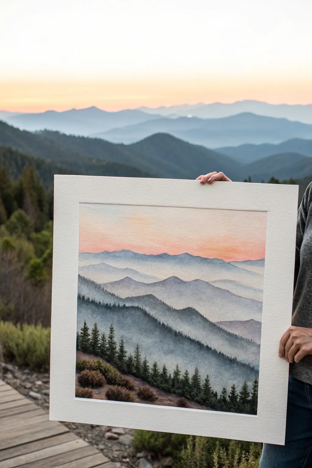 Layered mountain ridges and a soft golden sunrise for a calm, minimalist watercolor study
