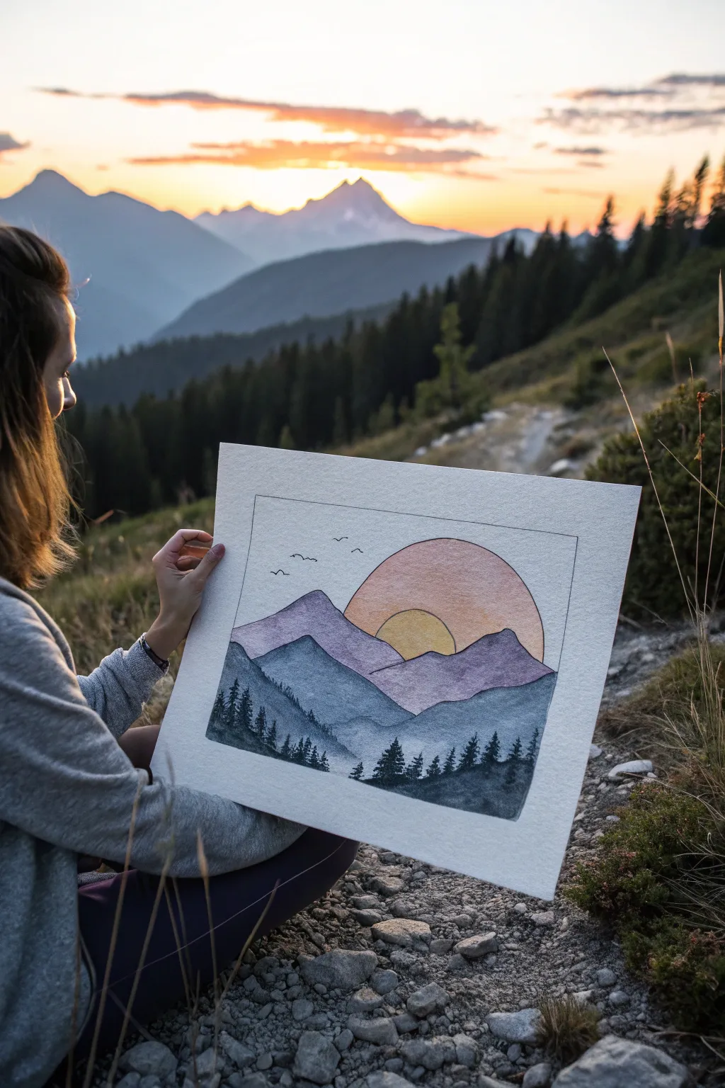 Half-set sun behind minimalist mountains, with a clean warm-to-indigo sunset gradient sky