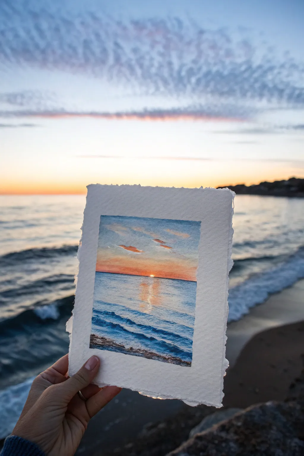 Minimalist ocean sunset painting with glowing water reflections, perfect for serene art ideas