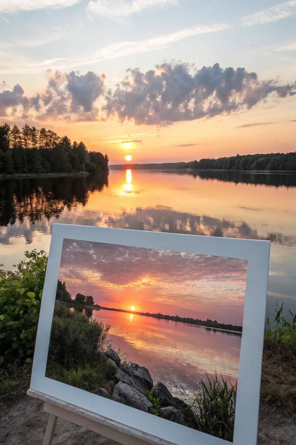 Minimal lake sunset silhouette with mirror reflection, perfect for calming watercolor practice.