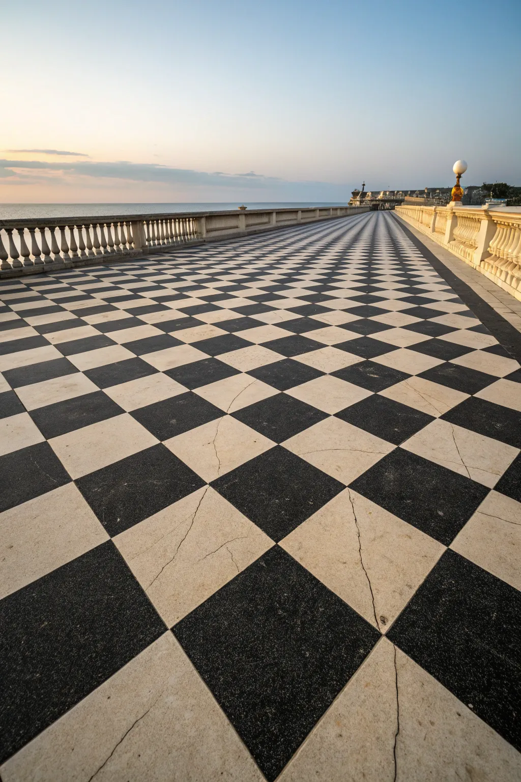 Endless checkerboard floor melting into dunes, a minimalist surreal horizon in soft light.