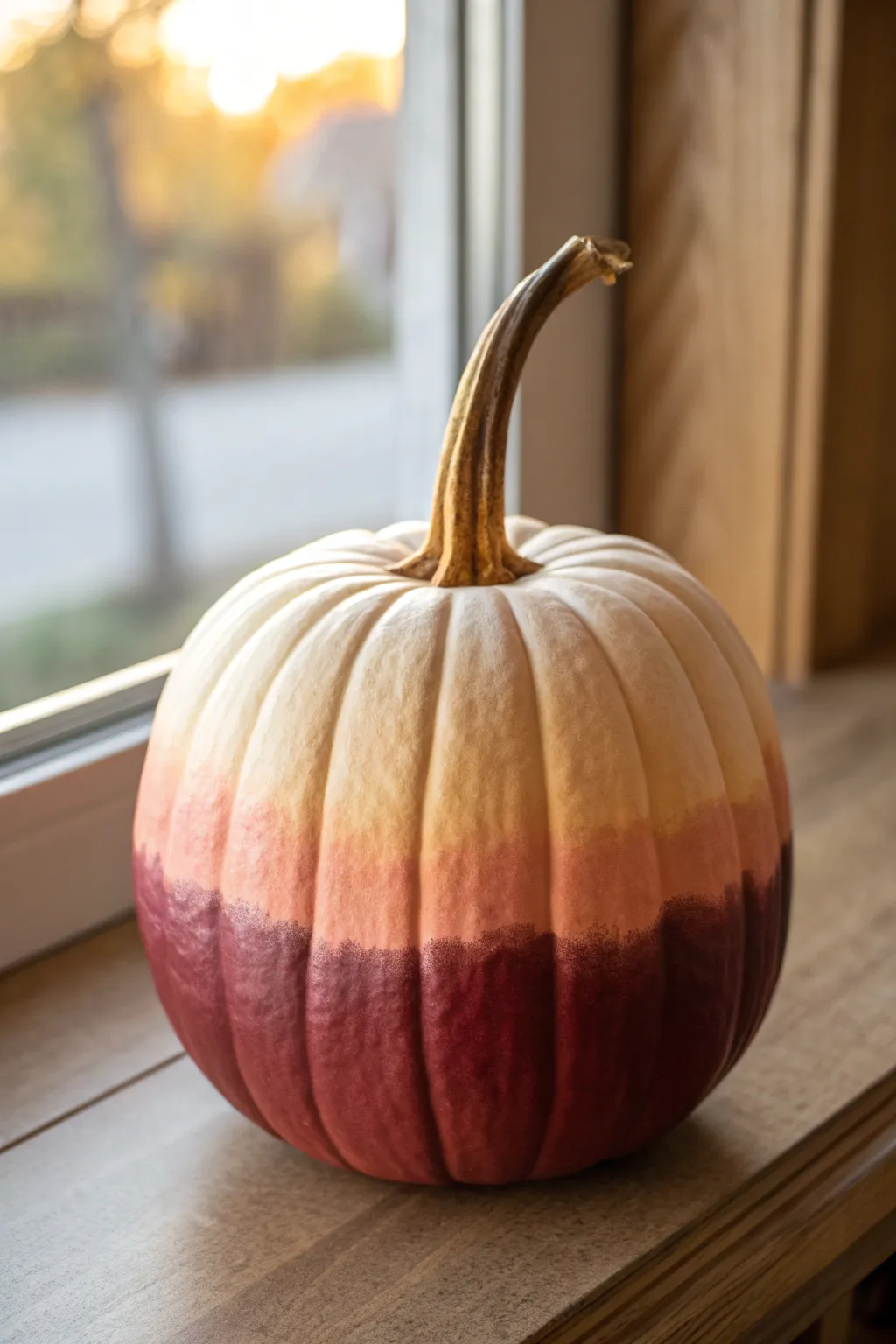 Sunset ombre tall pumpkin in warm window light, burgundy-to-gold fade for cozy minimal decor