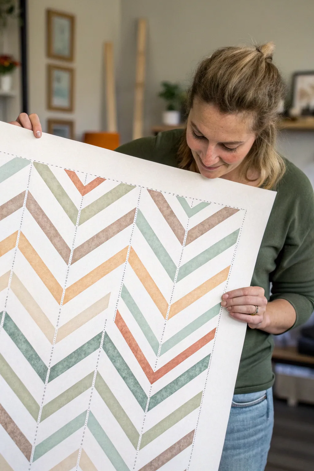 Clean chevron tape pattern made from short pieces, from in-progress masking to finished bands