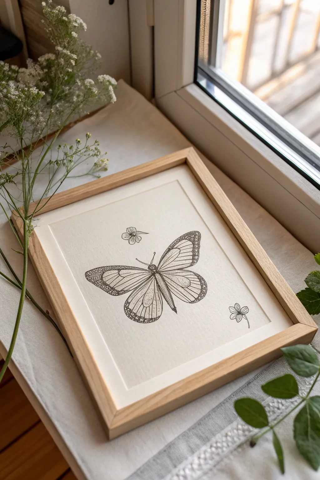 Minimalist butterfly tattoo sketch with a botanical sprig, crisp fine lines and soft boho calm