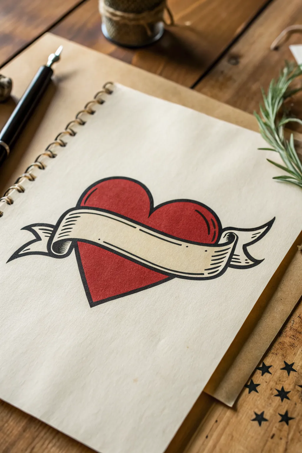 Heart with blank banner tattoo flash, bold vintage lines and minimalist Scandinavian charm