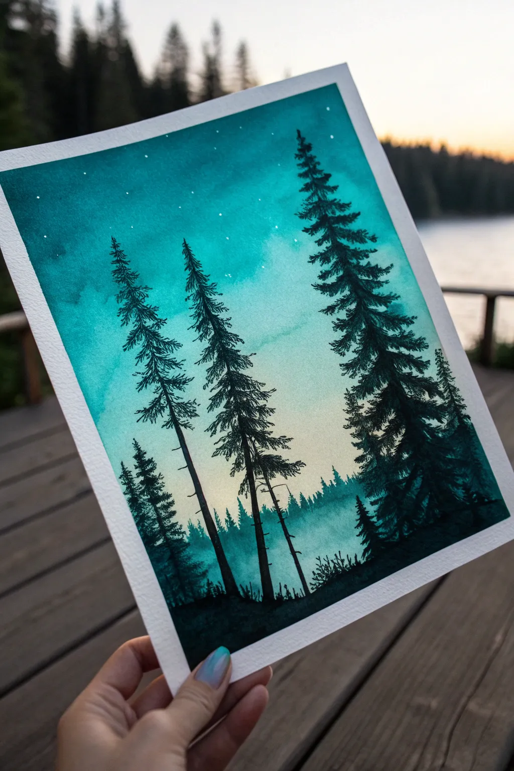 Moody teal forest silhouettes under a glowing sky, minimalist Scandinavian mood with boho calm.