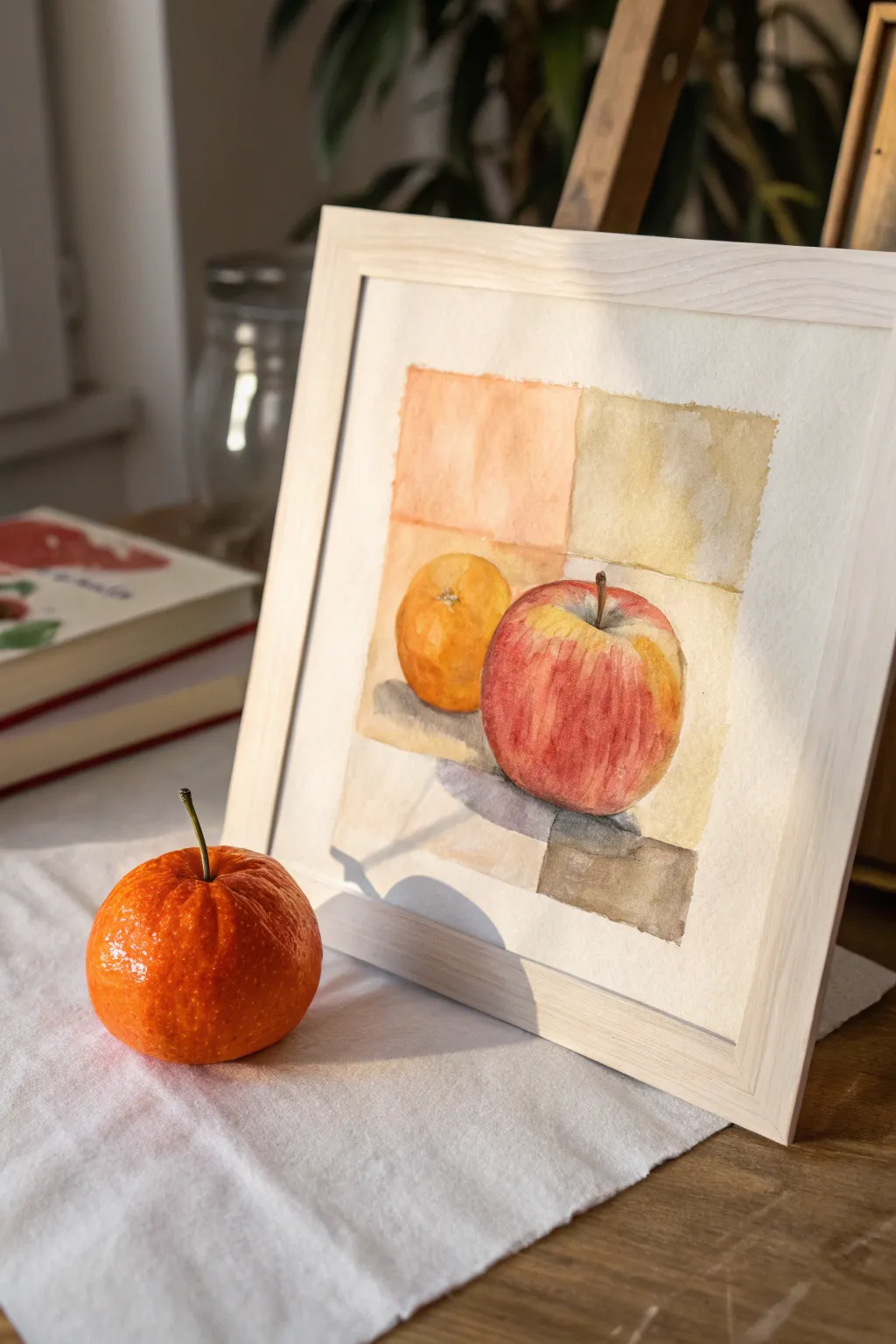 Bold tempera apple and orange in blocky shapes on bright paper, minimalist still life idea