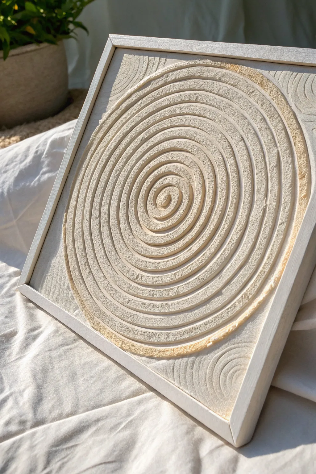 Concentric texture rings in soft plaster, side-lit to reveal every calming ripple.