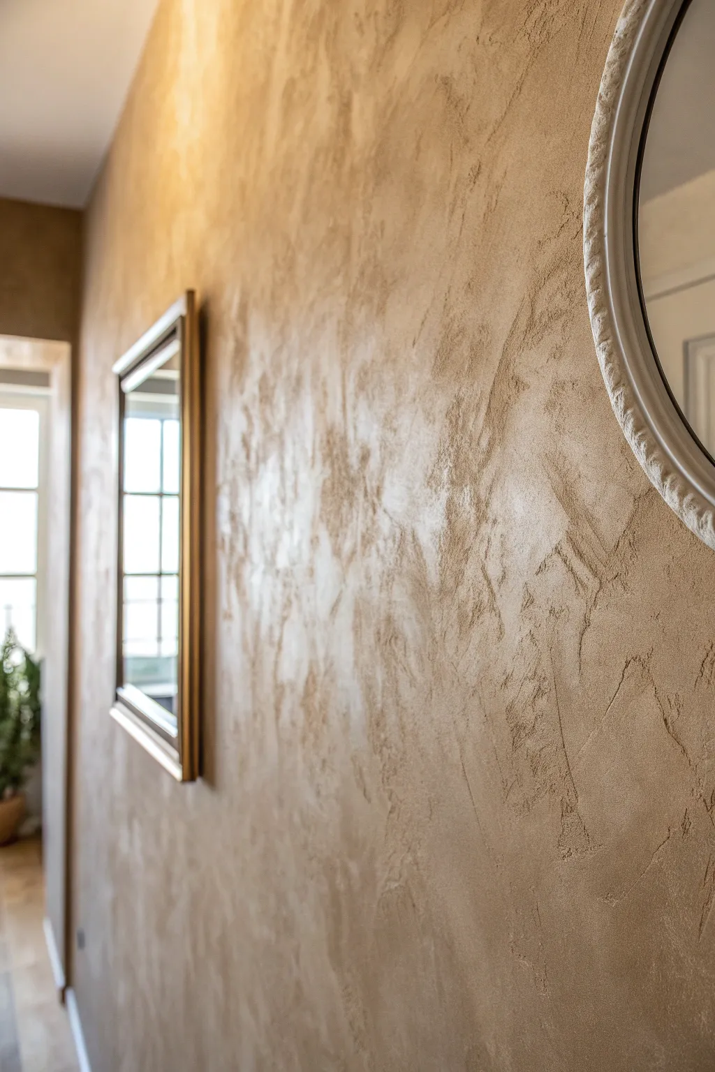 Venetian plaster trowel marks with a soft sheen, capturing polished texture and depth.