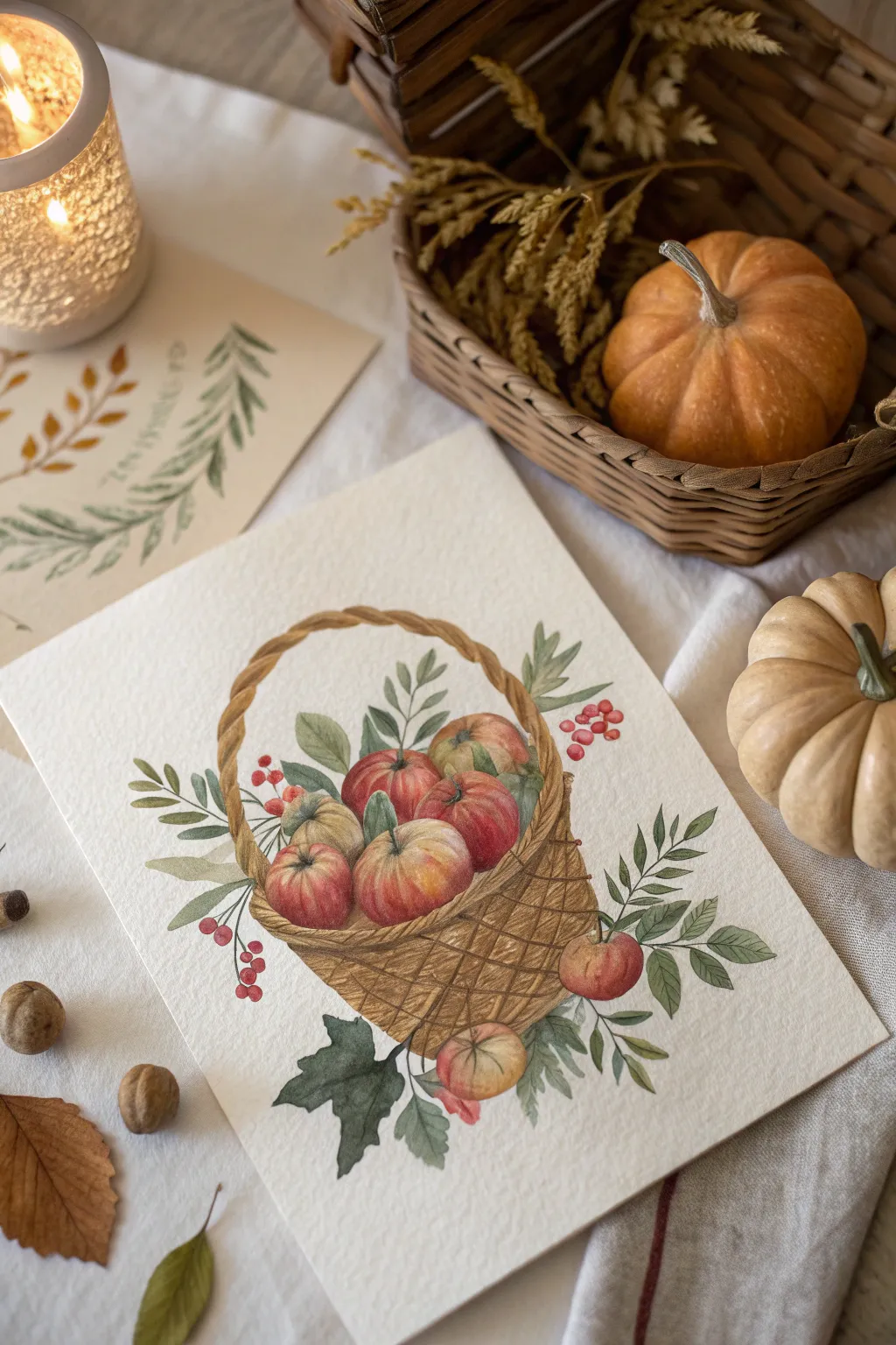Paint a cozy cornucopia centerpiece with warm neutrals, mini pumpkins, apples, and greens.