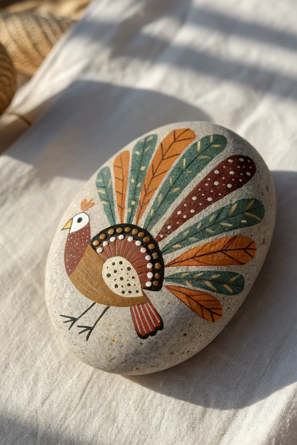 Polka-dot feather turkey rock with cozy fall tones and simple dotted details, clean and craft-ready