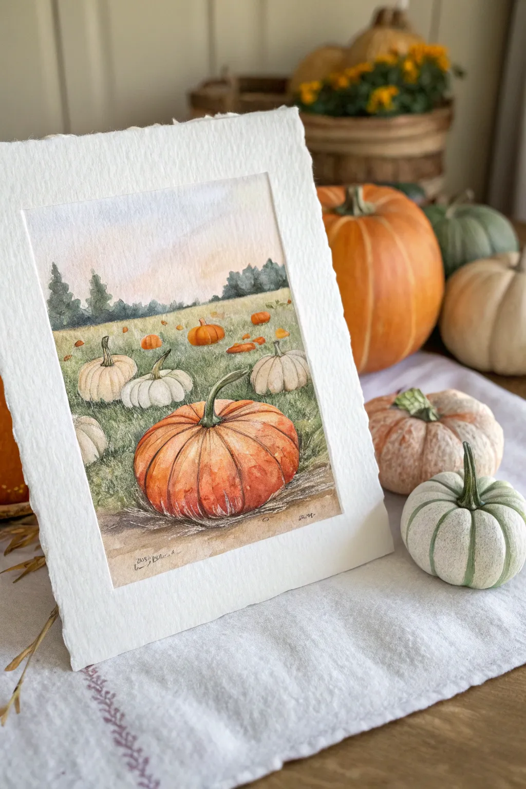 Minimalist pumpkin patch painting with layered orange highlights for elegant Thanksgiving decor ideas.