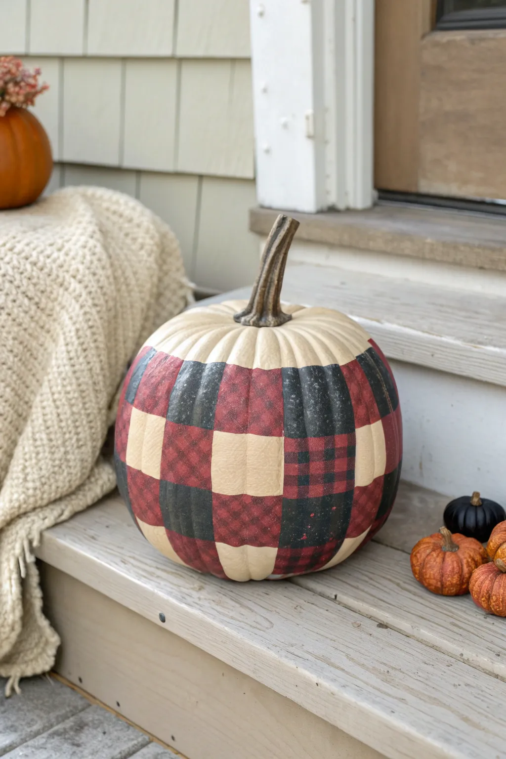 Cozy buffalo plaid pumpkin in cranberry and charcoal, perfect minimalist Thanksgiving decor.