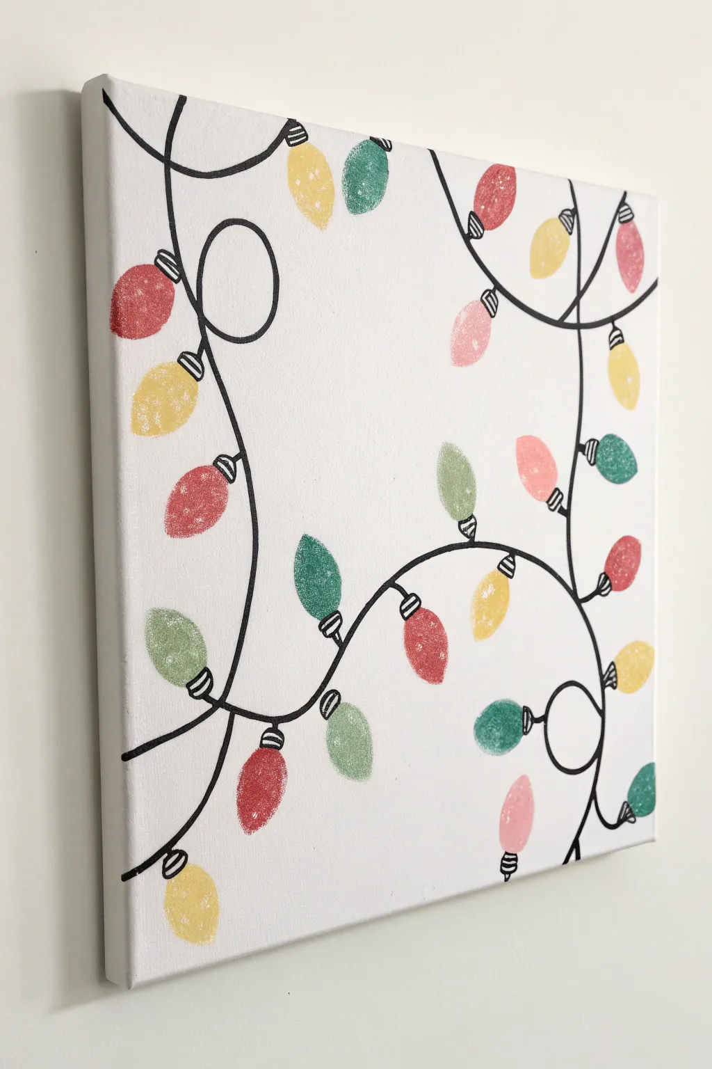 Simple fingerprint Christmas lights on canvas, minimalist and cozy with a soft painted glow