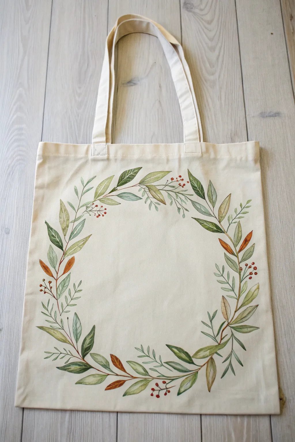 Paint a leafy vine frame on a tote bag for a clean Scandinavian boho look and lots of blank space