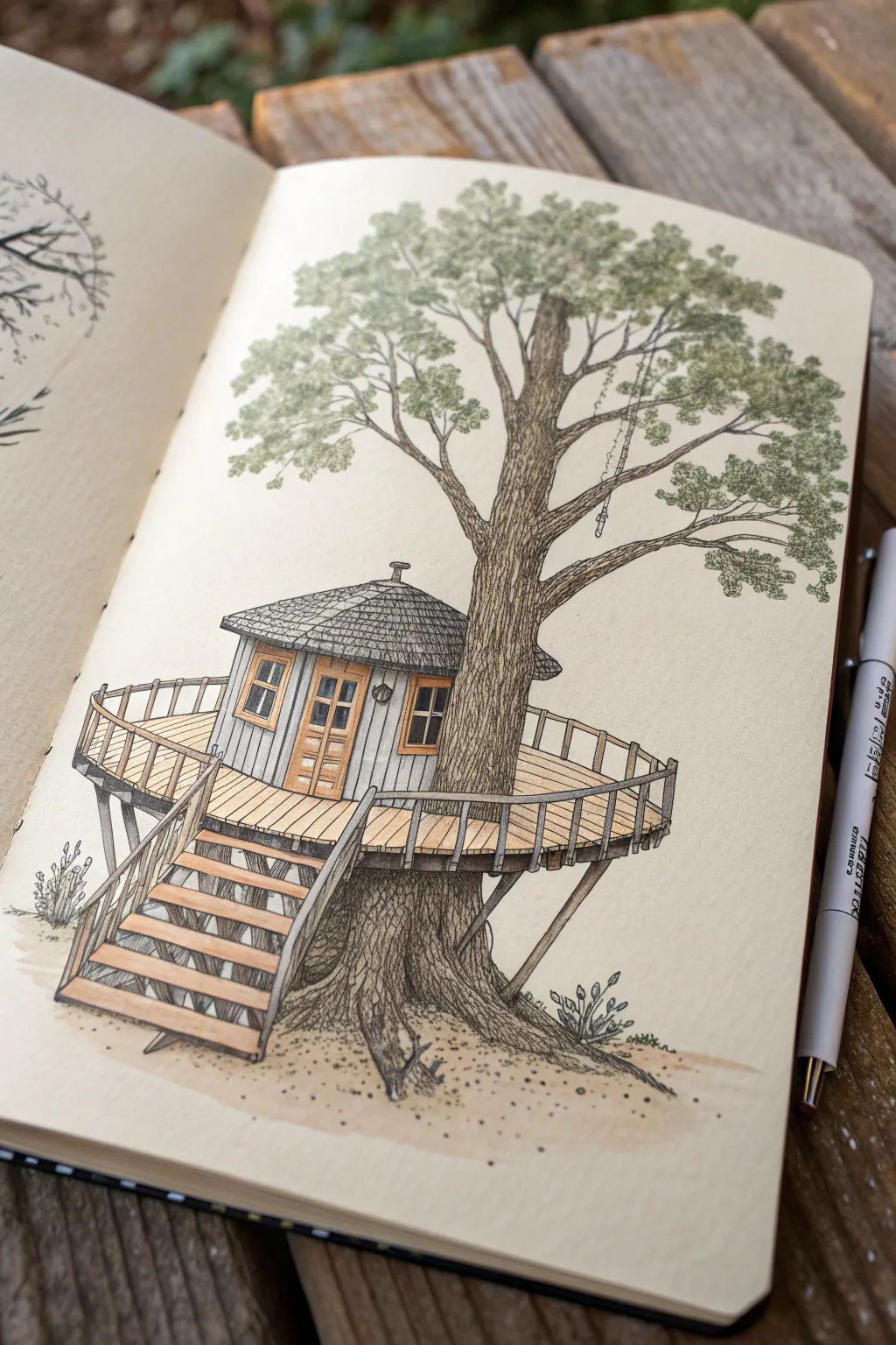 Minimal wraparound tree house sketch with circular deck boards for cozy platform inspiration