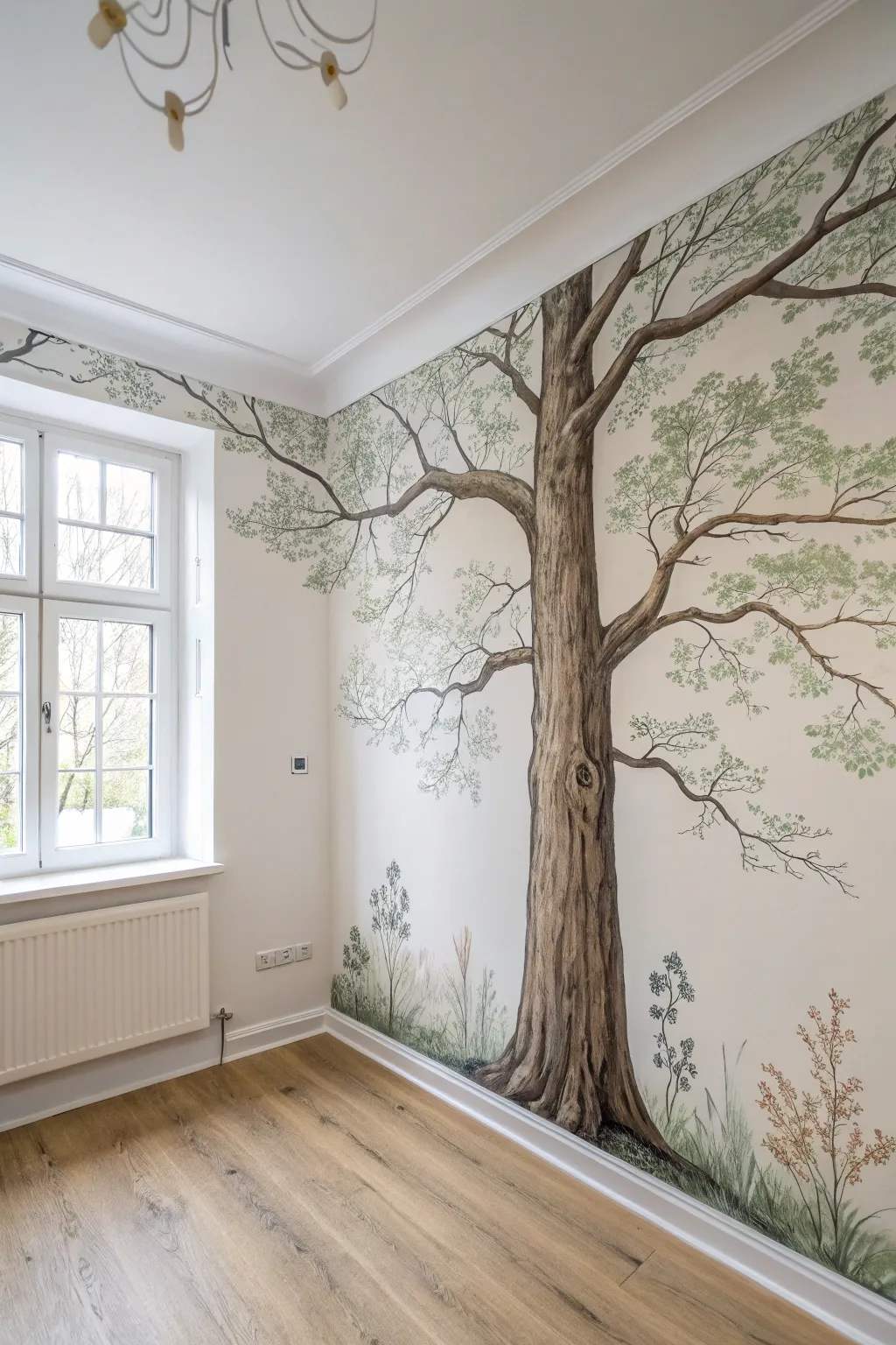 A corner-wrapped tree trunk mural that turns a sharp angle into a soft, organic focal point