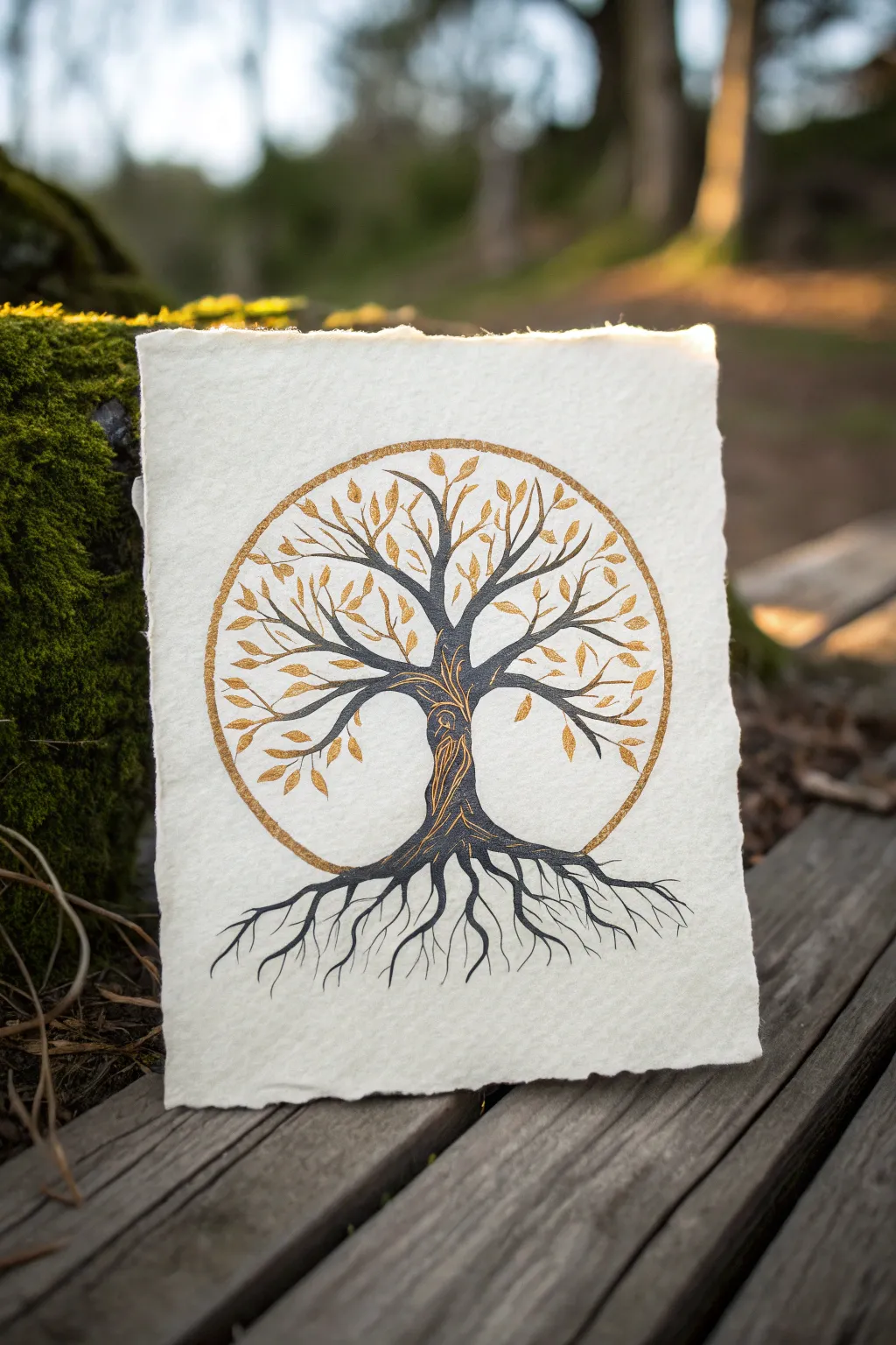 Mirrored roots and branches form a serene oval Tree of Life design, minimalist and boho.