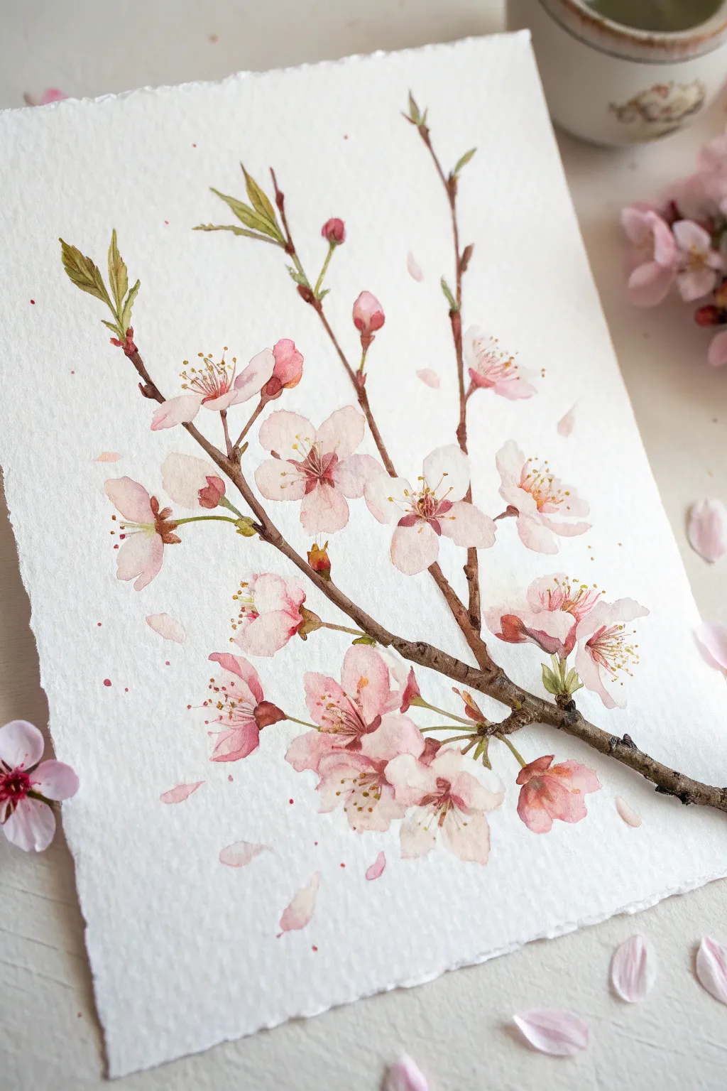Soft spring blossom tree: loose pink and white petal dabs for a calm minimalist mood