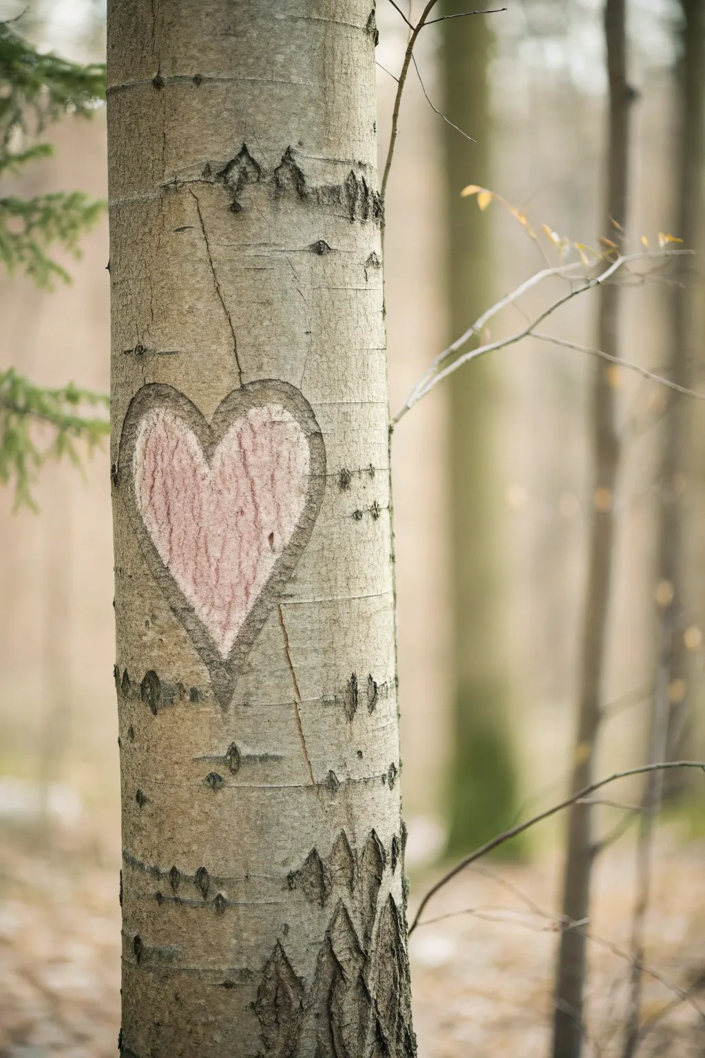 A clean dusty-rose heart on textured bark, simple, cozy, and beautifully rustic.